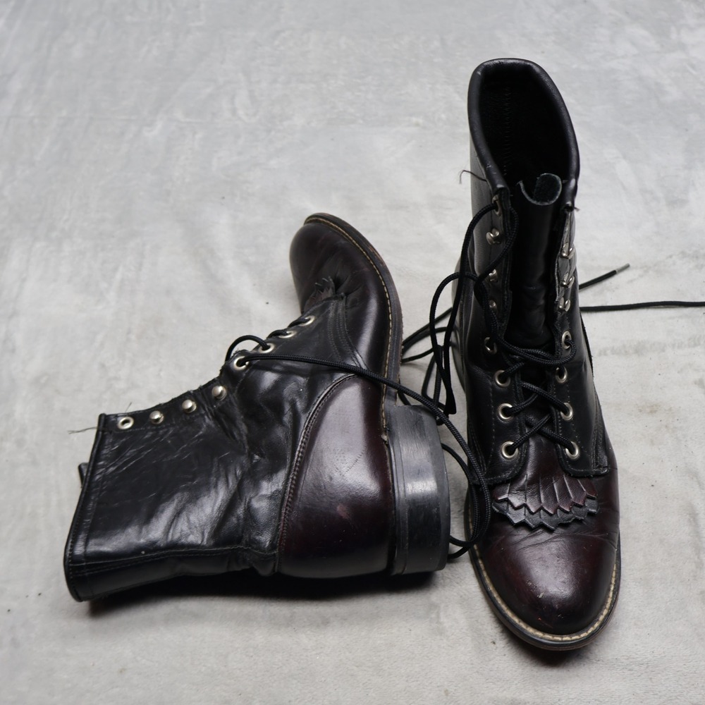 Laredo Womens 8M Lace Up Boots Black Burgundy Leather Kiltie Western USA Made